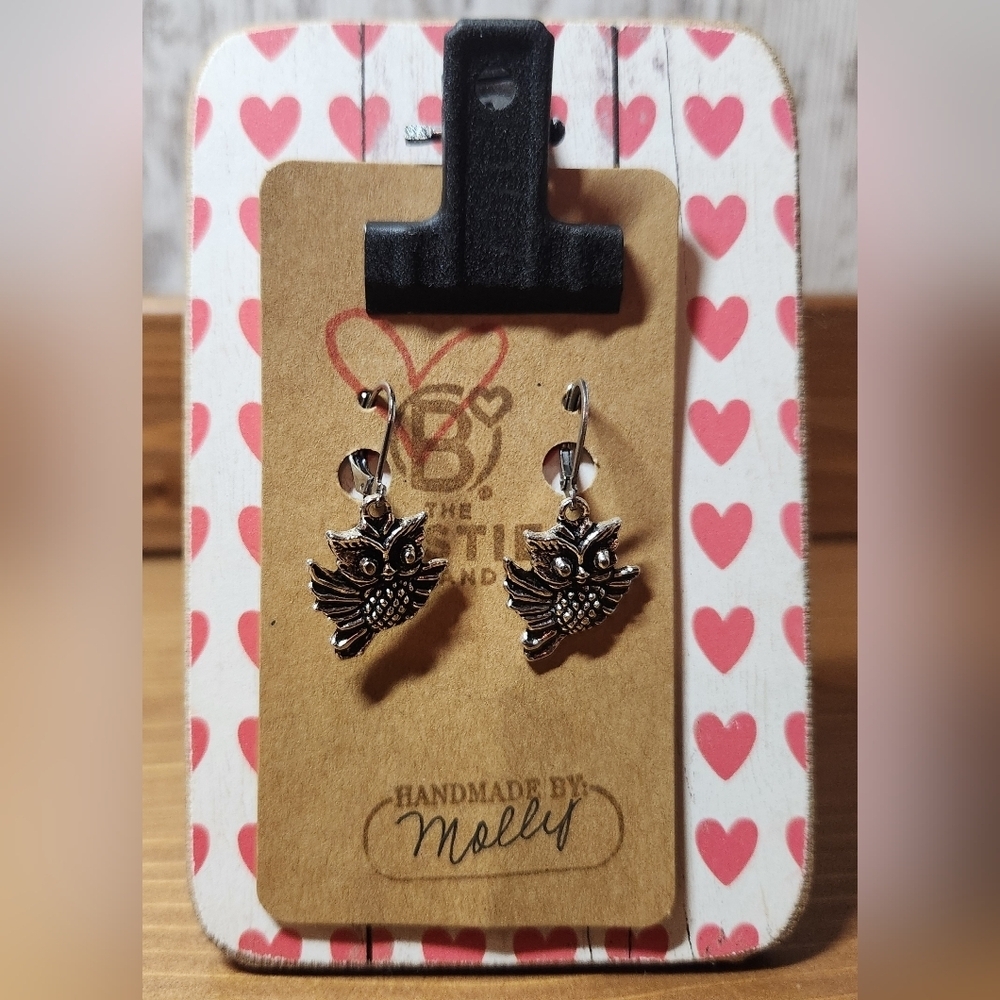 Handmade Silver in Color Cute Little Owl Charm Dangle Leverback Clasp Earrings